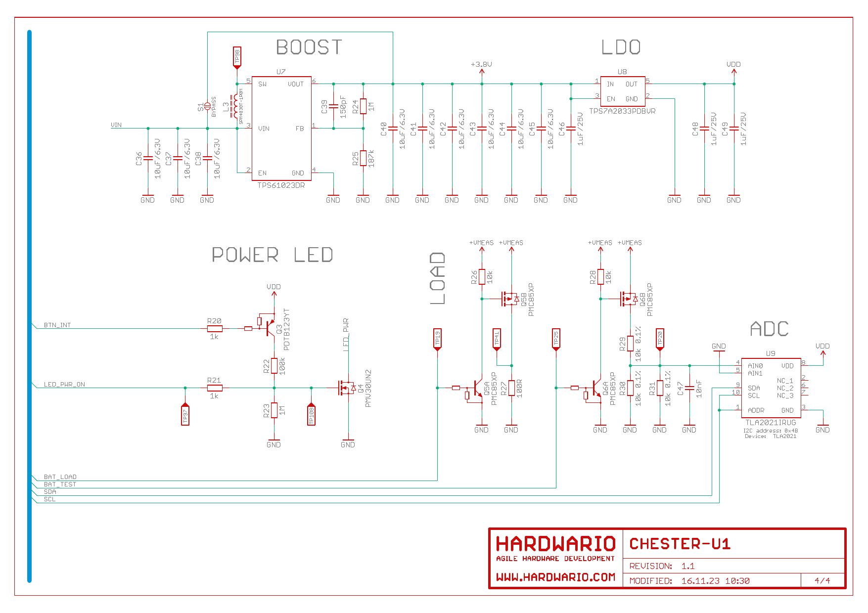 Schéma 4/4: Zvyšující převodník TPS61023, LDO, LED napájení, spínání zátěže a ADC TLA2021