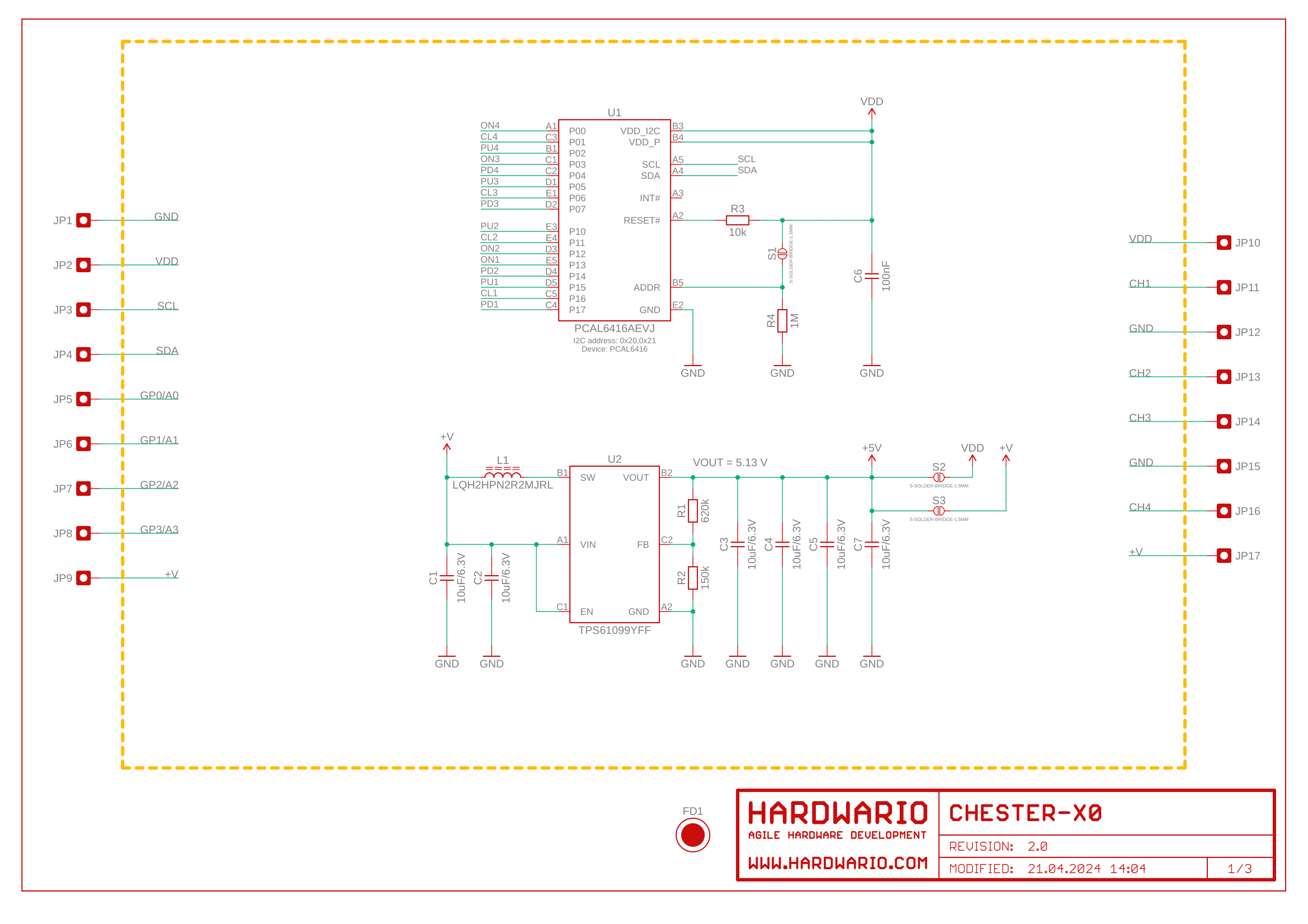Schéma CHESTER-X0, list 1: GPIO expander PCAL6416A a zvyšující měnič TPS61099 s pinovými lištami modulu