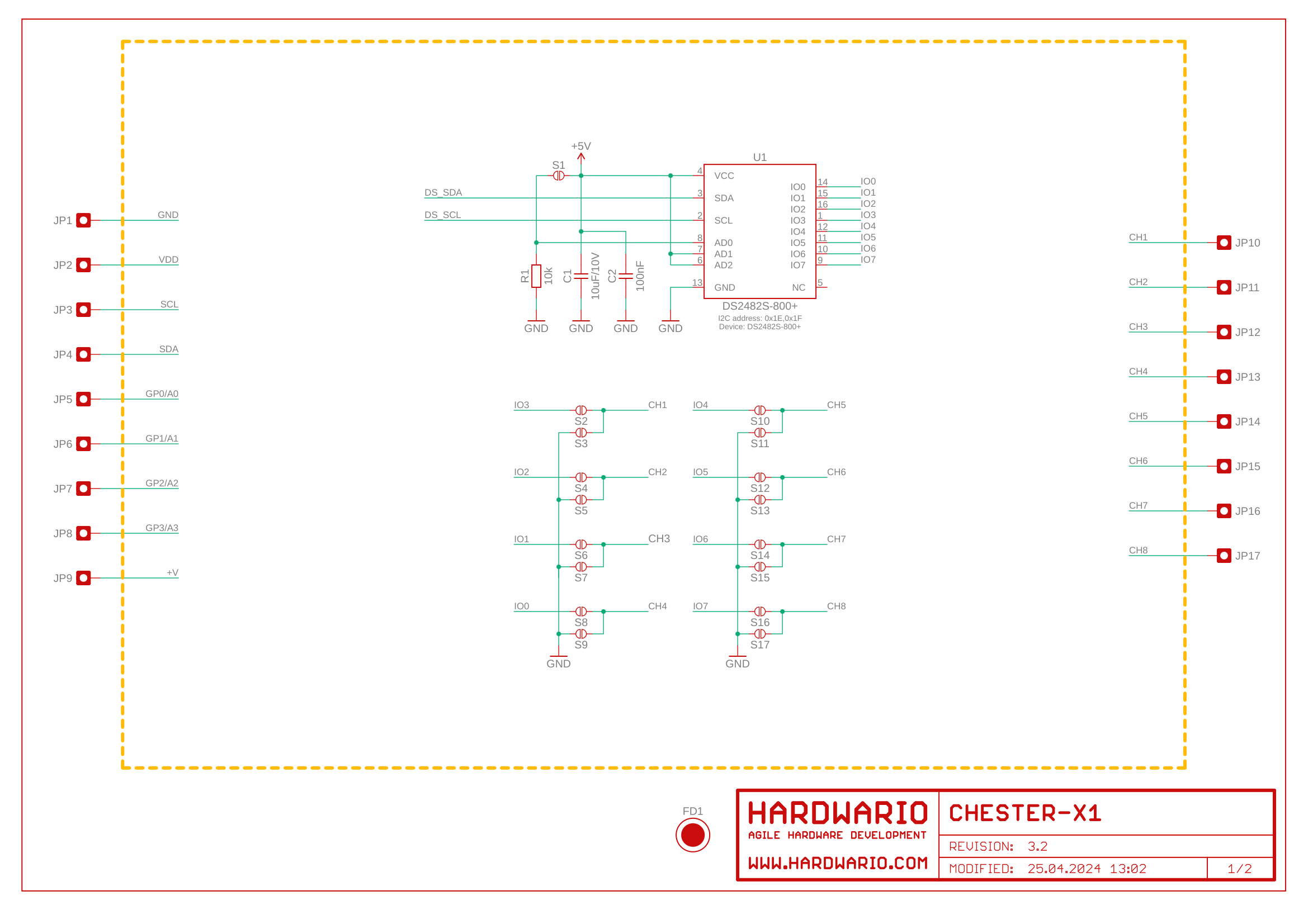 Schéma CHESTER-X1, list 1: 1-Wire master DS2482S-800 s propojením IO0-IO7 pájecími můstky na kanály CH1-CH8
