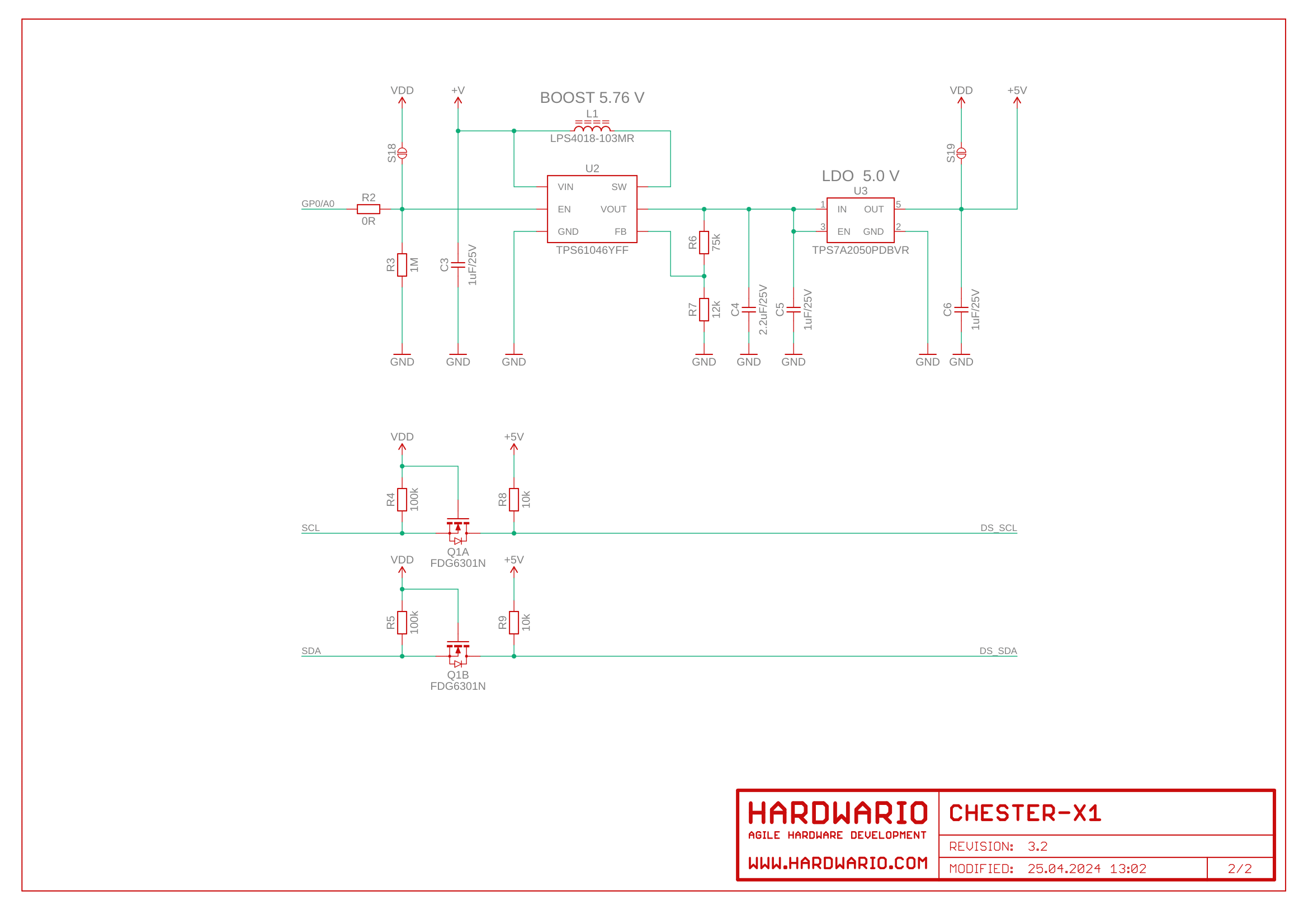 Schéma CHESTER-X1, list 2: boost převodník 5,76 V, LDO 5,0 V a převodníky úrovní I2C