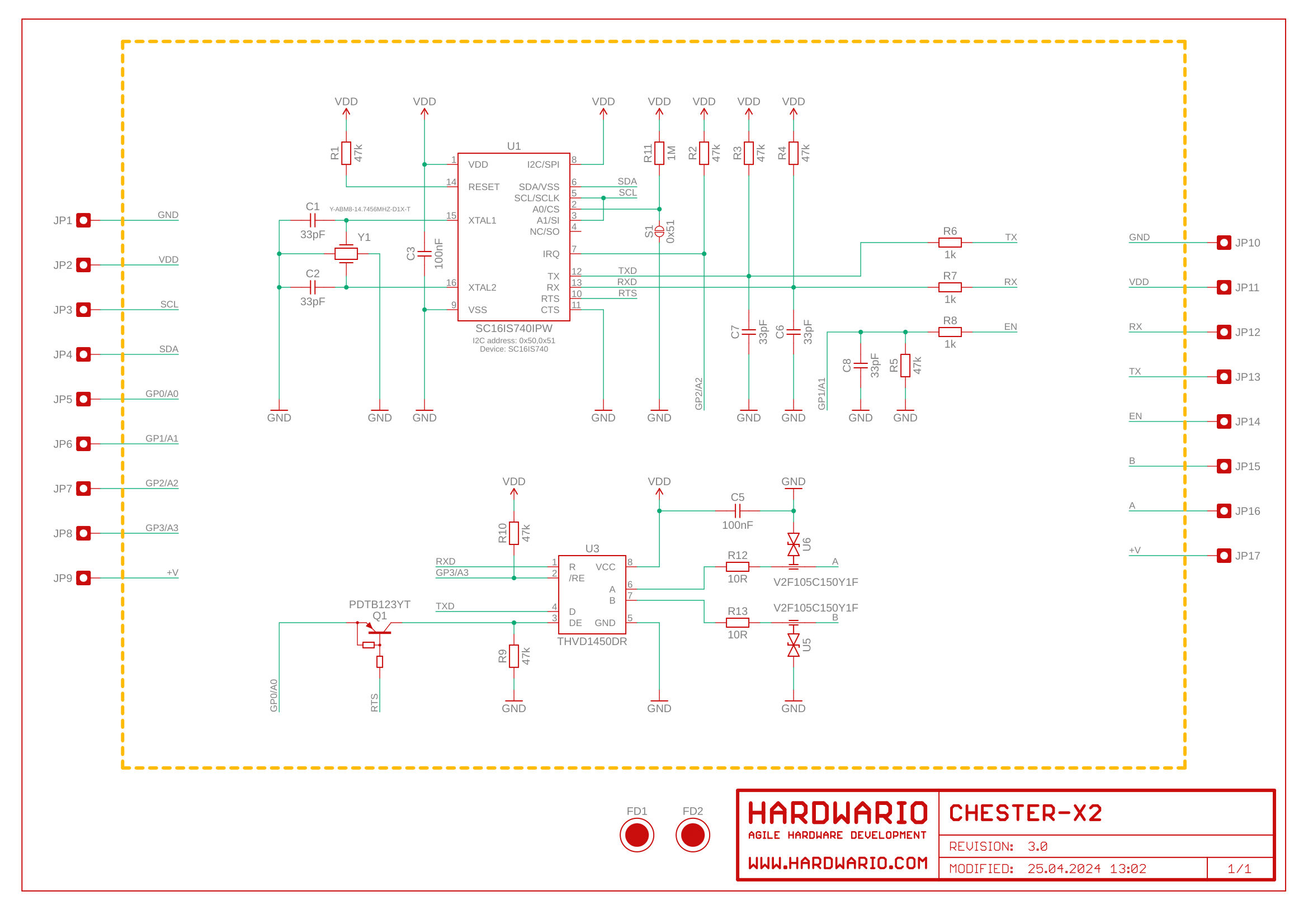 Schéma modulu CHESTER-X2 s převodníkem UART SC16IS740 a transceiverem RS-485 THVD1450