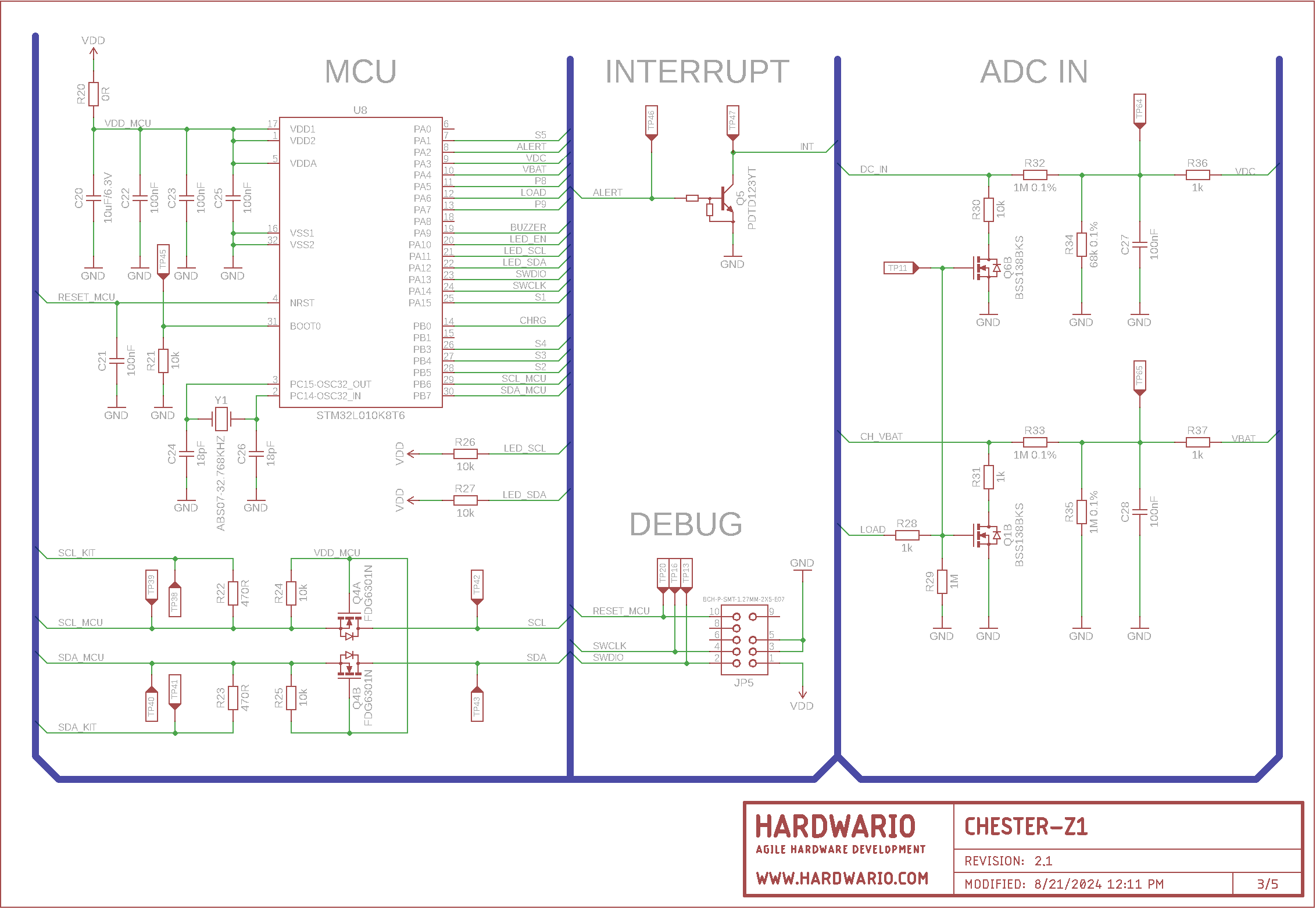 Schéma CHESTER-Z1 R2.1, strana 3: MCU STM32L010, debug konektor, výstup přerušení a měření napětí