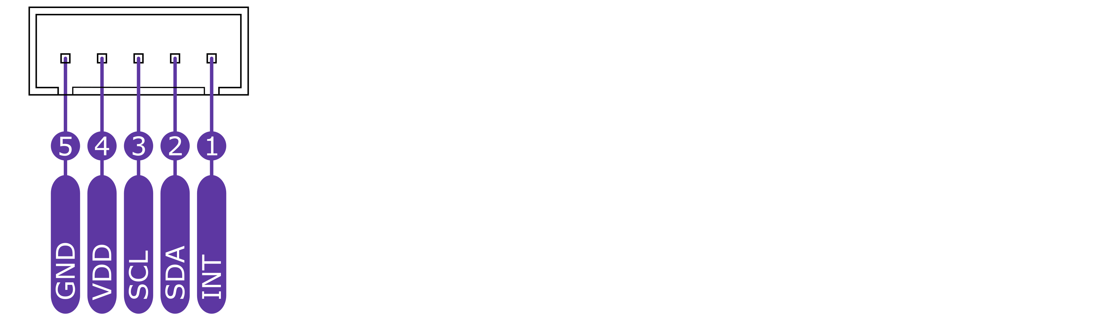 Pinout konektoru I2C, piny 1-5: INT, SDA, SCL, VDD, GND