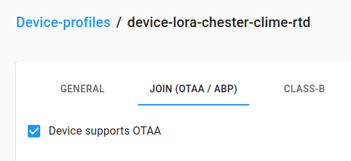 Zapnutí Device supports OTAA v device profilu v CHIRPSTACK