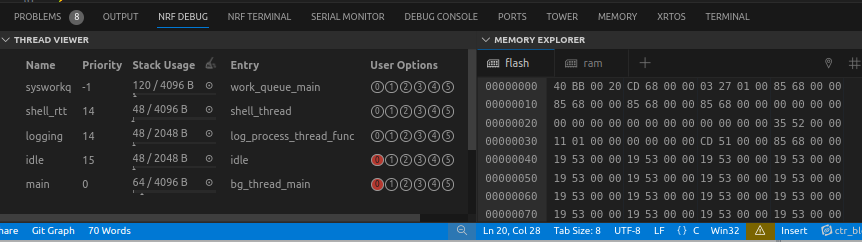 Karta NRF DEBUG se zobrazením vláken, využitím stacku a prohlížečem flash paměti