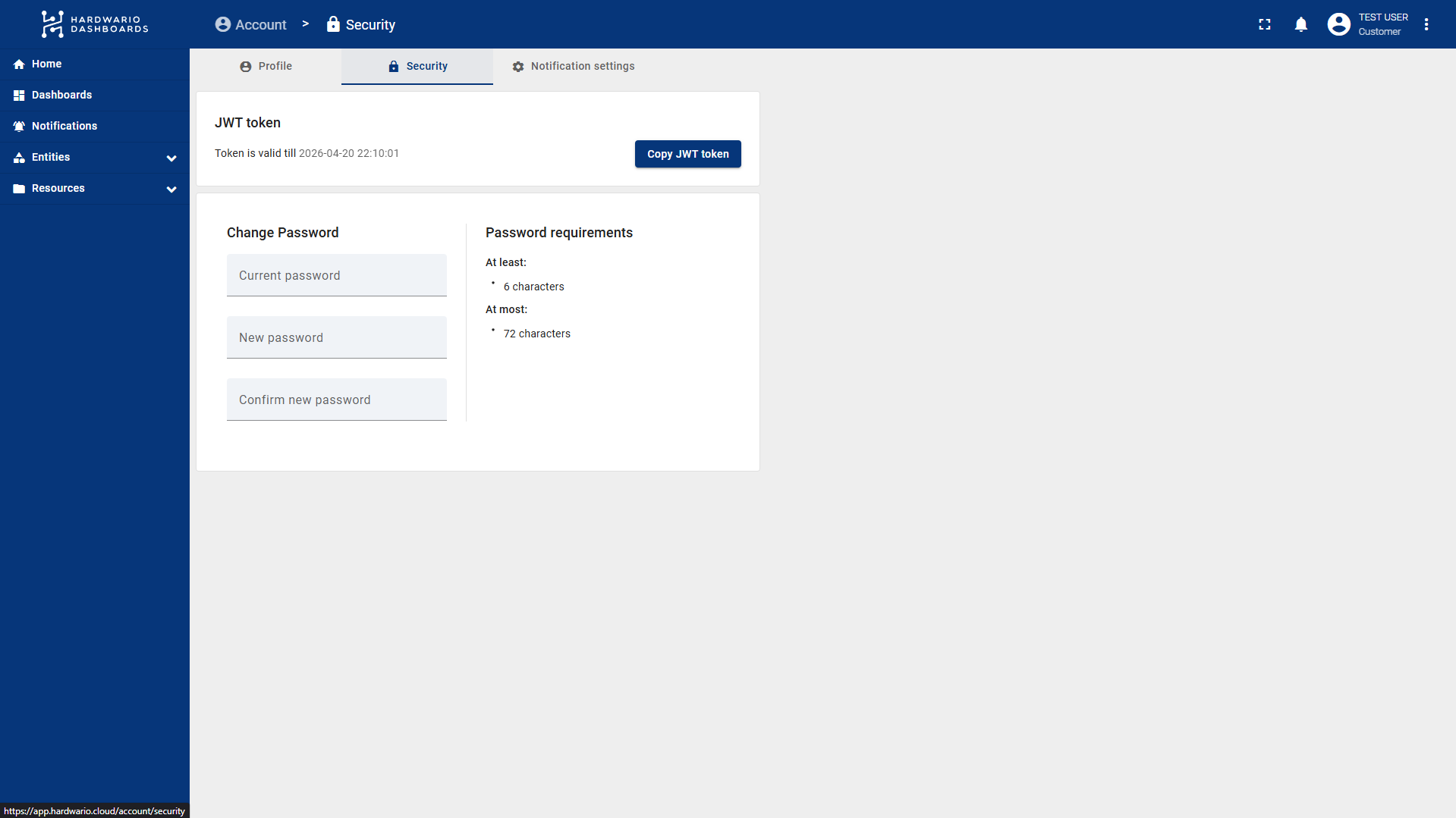 Karta Security v účtu s poli Change Password pro současné a nové heslo vedle požadavků na heslo