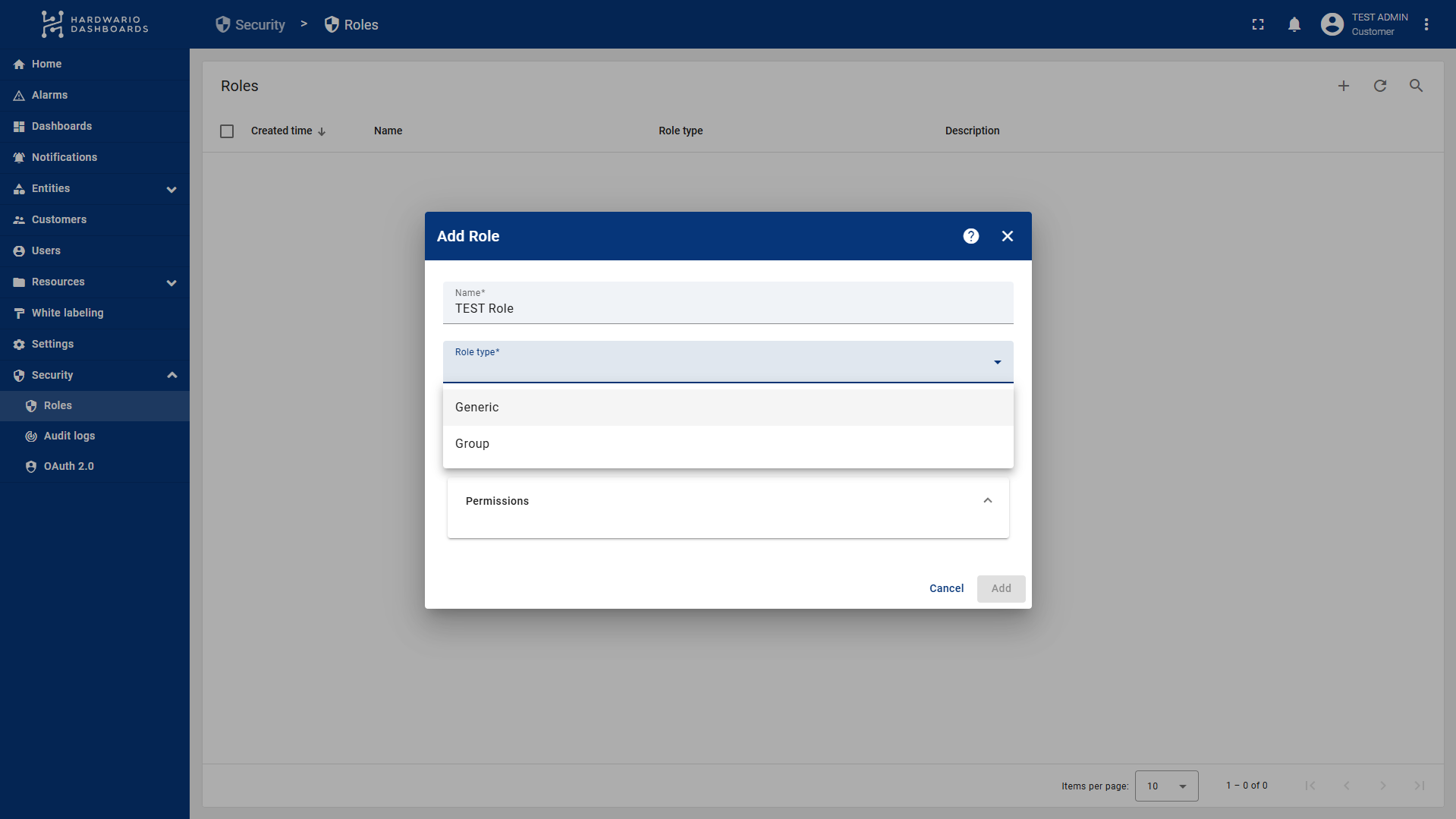 Dialog Add Role s vyplněným názvem role a otevřenou nabídkou Role type s volbami Generic a Group