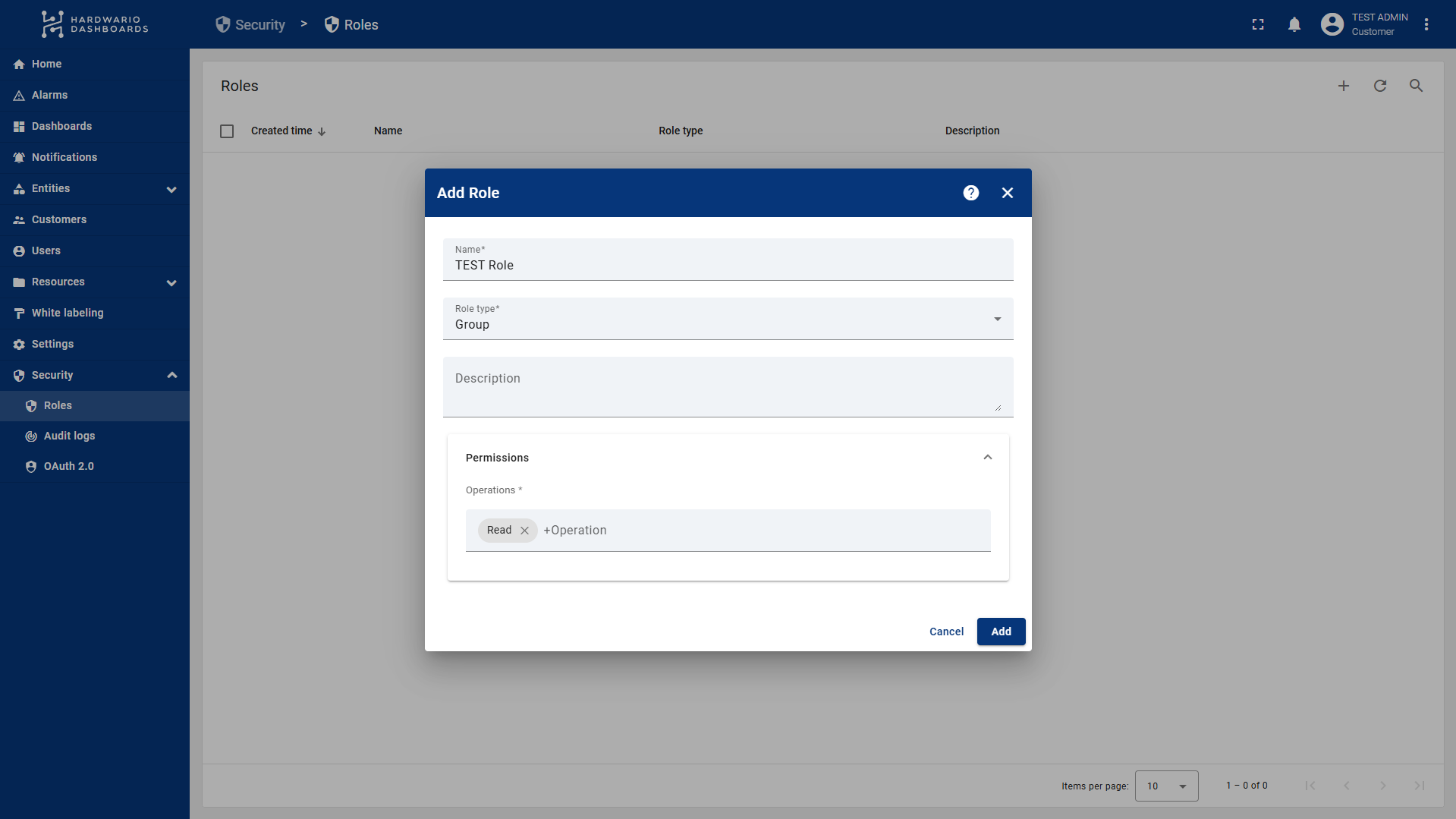 Dialog Add Role typu Group, kde Permissions obsahují jen povolené operace, zde Read