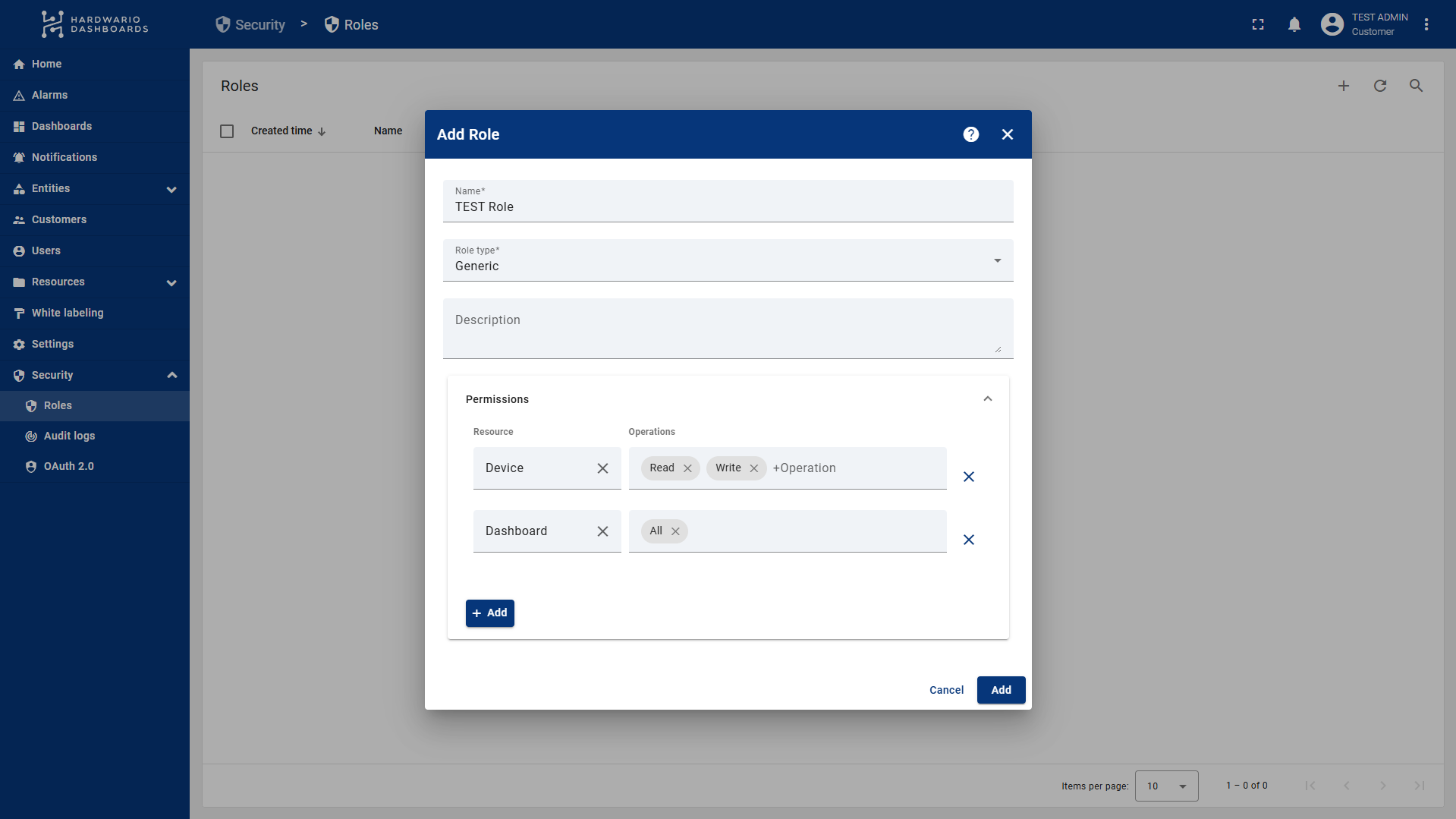 Dialog Add Role typu Generic s oprávněními po zdrojích: Device s Read a Write, Dashboard s All