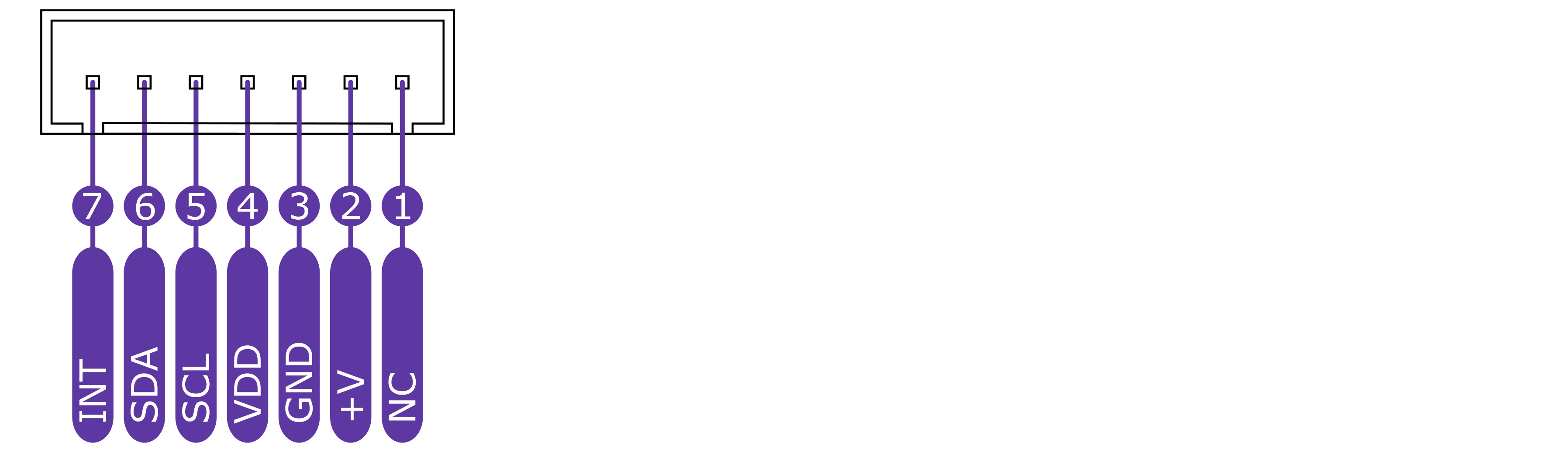Pinout konektoru SYSTEM, piny 1-7: NC, +V, GND, VDD, SCL, SDA, INT