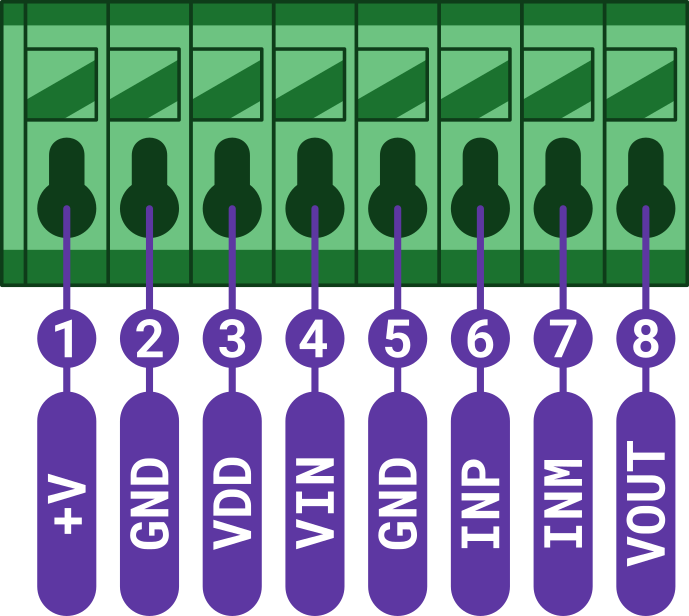 Zapojení svorkovnice CHESTER-X7: +V, GND, VDD, VIN, GND, INP, INM, VOUT na pinech 1-8