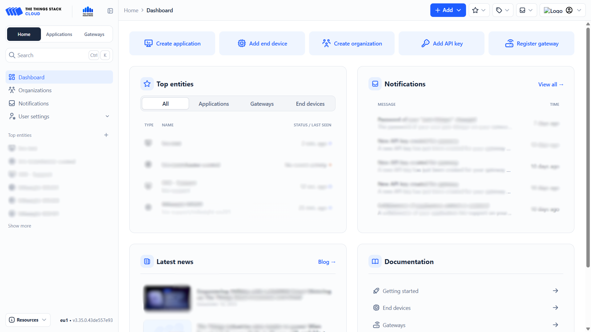 Dashboard Home v The Things Stack s tlačítkem Create application v řádku rychlých akcí