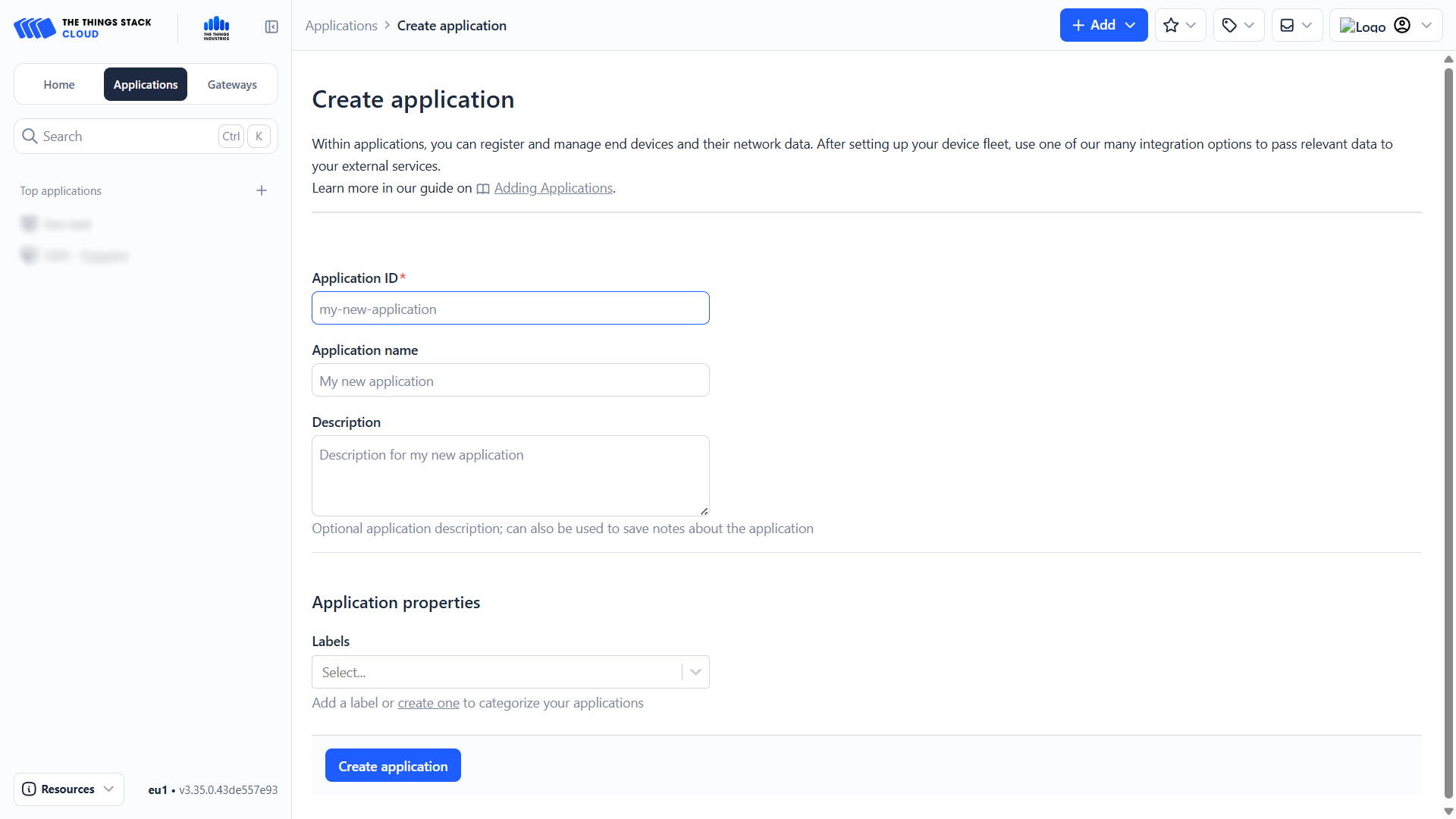 Formulář Create application s Application ID, jménem, popisem, labely a tlačítkem Create application