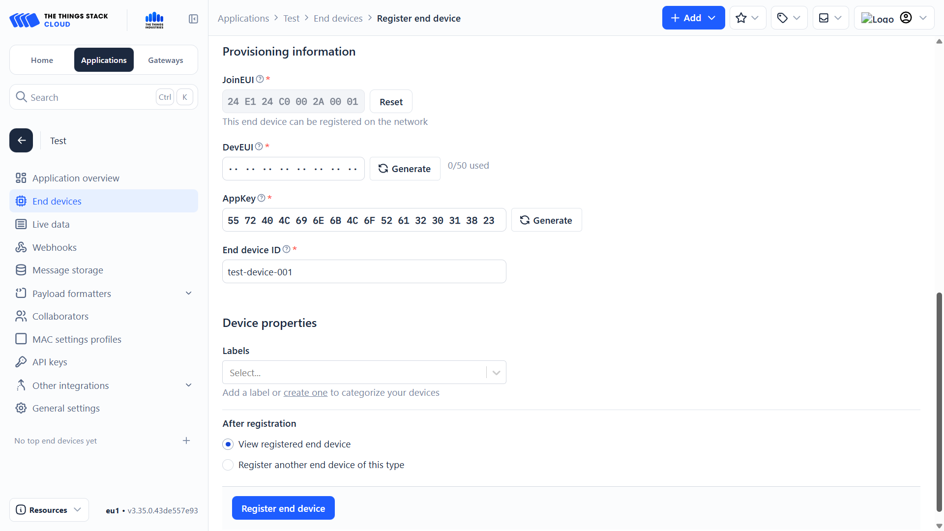 Formulář Provisioning information s poli JoinEUI, DevEUI, AppKey a End device ID a tlačítkem Register end device