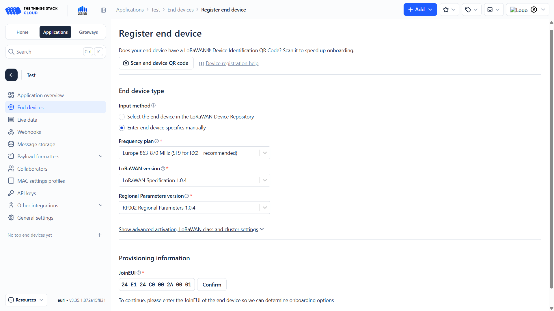Ruční registrace koncového zařízení s volbou frekvenčního plánu, verze LoRaWAN a verze regionálních parametrů