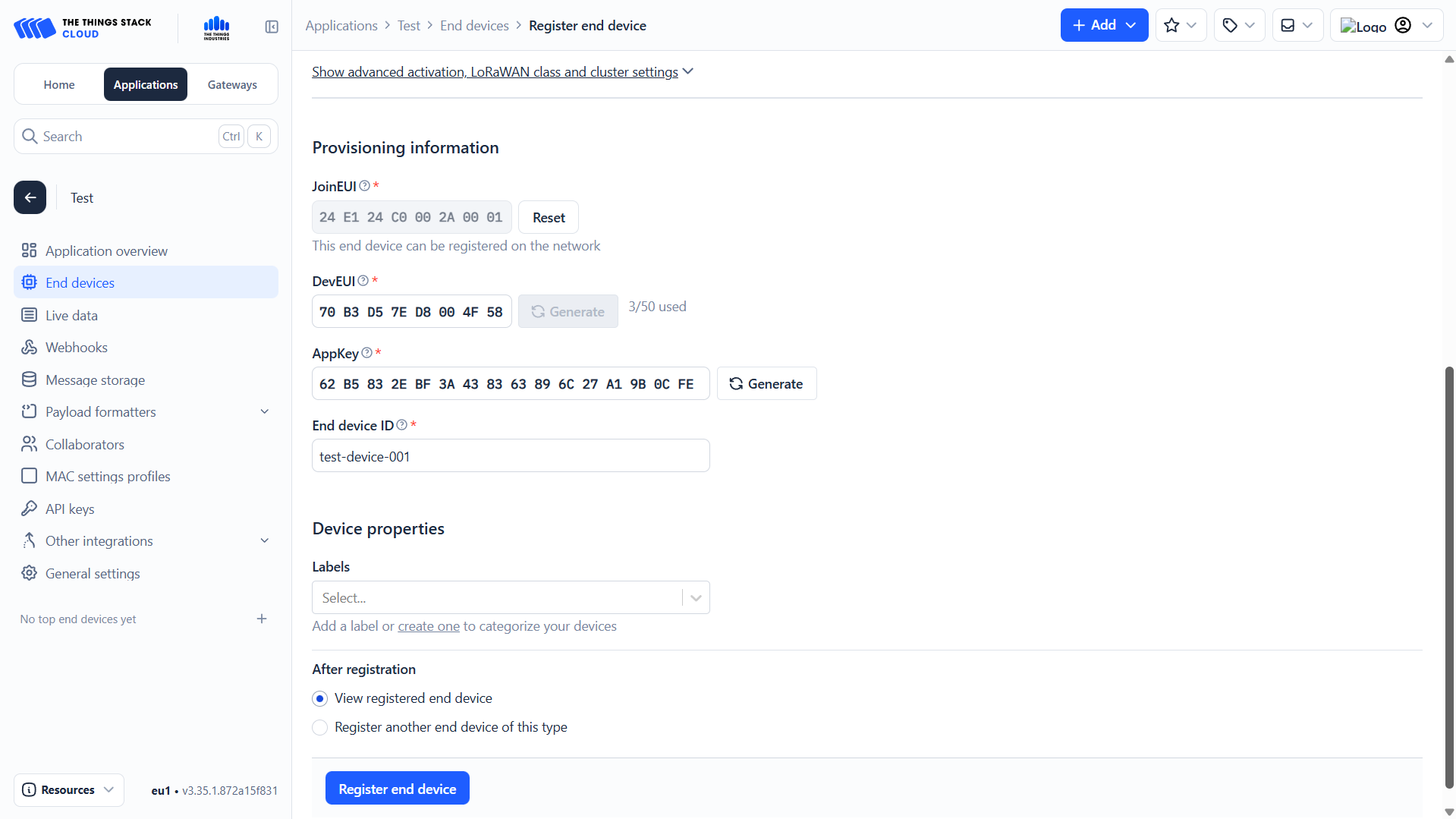 Vyplněný formulář zprovoznění s DevEUI, AppKey a End device ID, připravený k registraci koncového zařízení