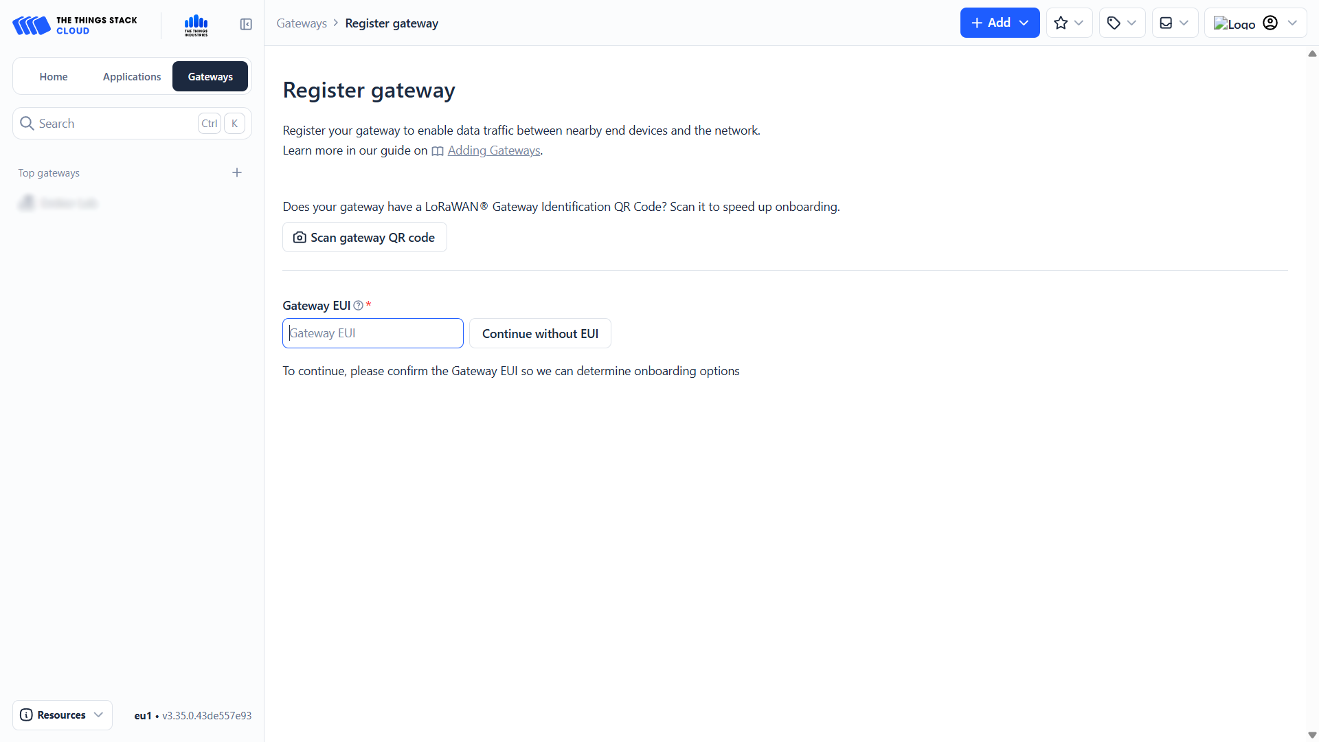 Stránka Register gateway s dotazem na Gateway EUI a možností Continue without EUI