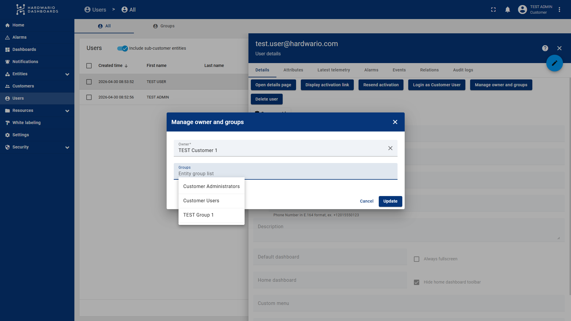 Dialog Manage owner and groups v detailu uživatele s otevřeným seznamem grup entit pro výběr uživatelské grupy