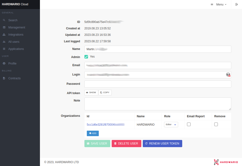 Formulář detailu uživatele v HARDWARIO Cloud se jménem, příznakem admin, e-mailem, přihlašovacím jménem, API tokenem a přiřazením role v organizaci