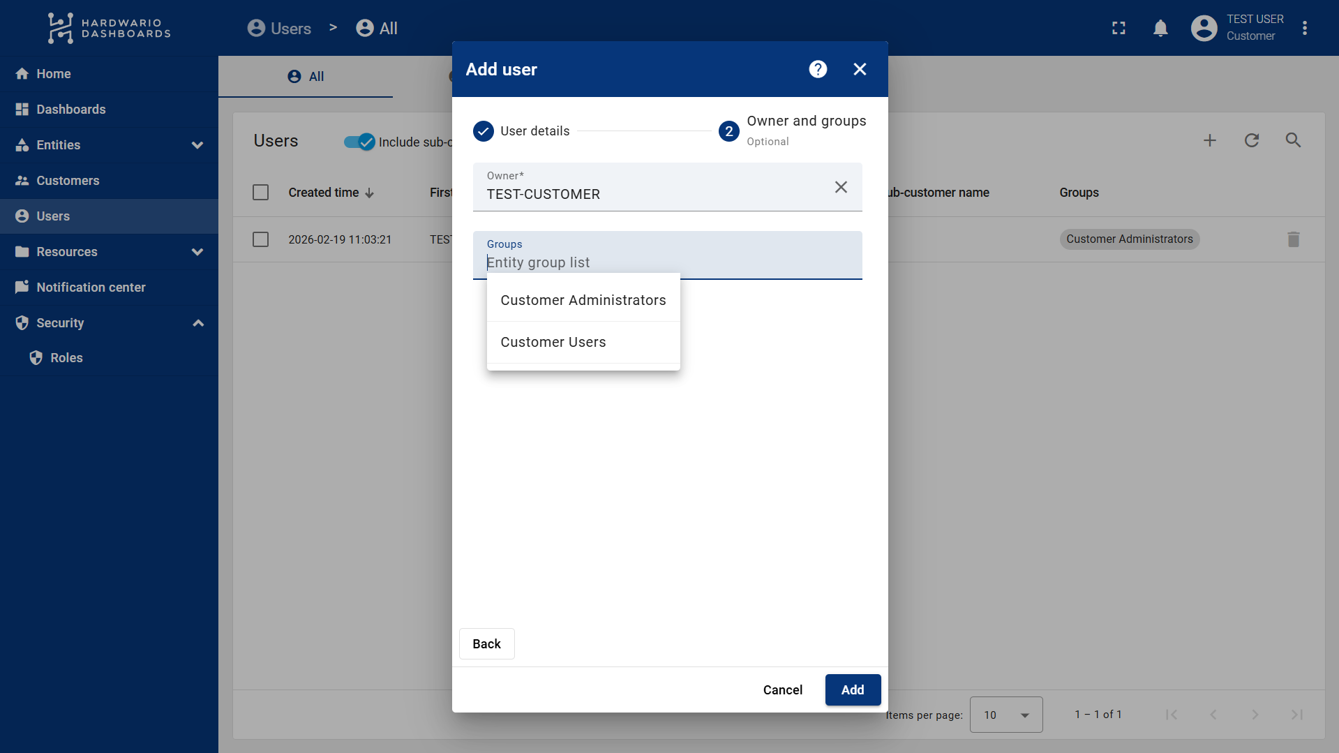 Krok Owner and groups v dialogu Add user s vybraným zákazníkem a otevřeným seznamem grup entit